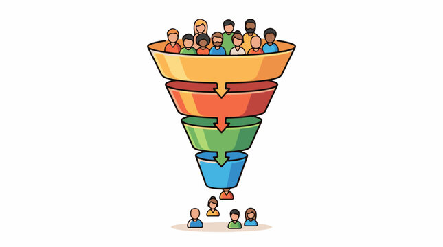 People falling through a multi-colored funnel into smaller groups below