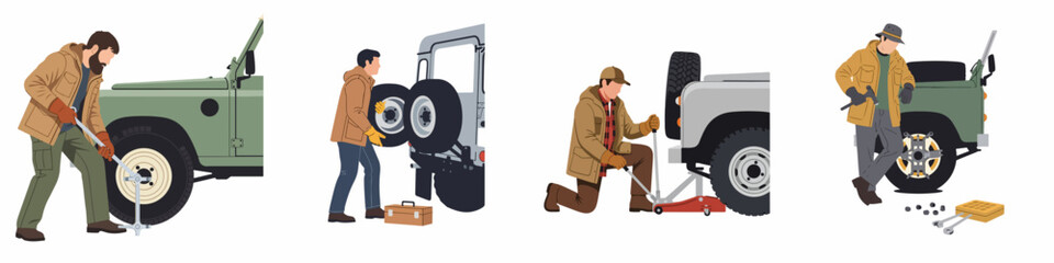 Set of illustrations showing a man changing a tire on an off-road vehicle using various tools like a jack and wrench. © Yudoyono