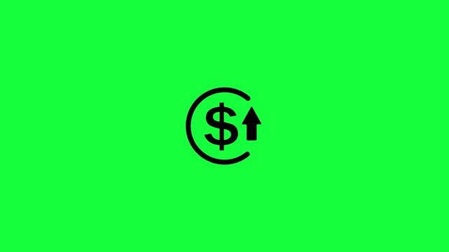 Animated dollar rate increase stretching arrow up icon animation on green background. Dollar rate up looped icon. Dollar currency price up concept. Circle with up arrow reduce costs sign and symbol