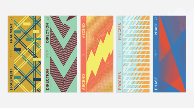 Abstract geometric banner set with fragment and direction motifs, colorful vertical posters with ascend and process typography, modern vector graphics