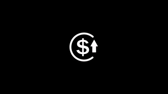 Animated dollar rate increase stretching arrow up icon animation on black background. Dollar rate up looped icon. Dollar currency price up concept. Circle with up arrow reduce costs sign and symbol