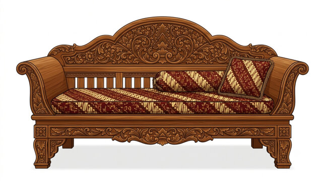 Traditional Indonesian Carved Wooden Sofa with Javanese Batik Pattern Cushion Vector IllustrationTraditional Indonesian Carved Wooden Sofa with Javanese Batik Pattern Cushion Vector Illustration
