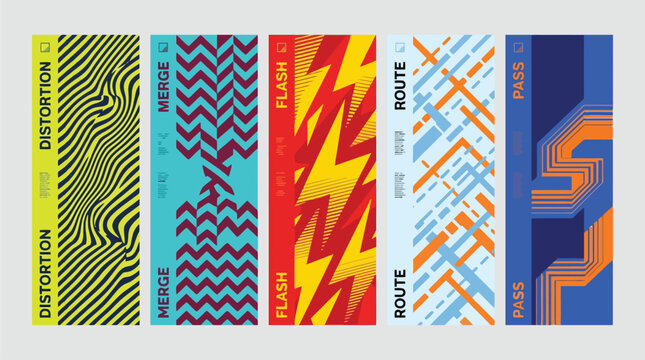 Abstract geometric banner set with distortion and flash patterns, colorful vertical graphic elements, modern vector textures for web and print