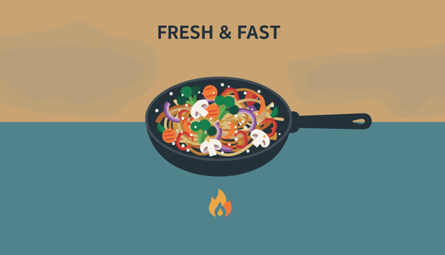 Cooking wok with stir fry noodles and fresh vegetables over a fire flame, accompanied by the text Fresh and Fast.