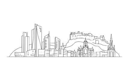 Obraz premium Edinburgh castle and modern skyline vector line art illustration