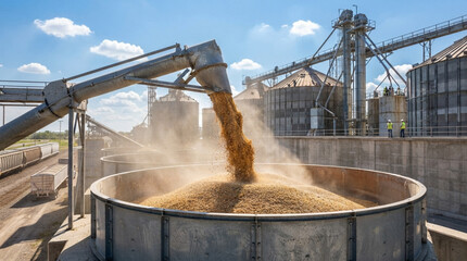 workers in safety vests loading grain into silos with a wide-angle view from above, showcasing industrial activity in an agricultural setting with brown grain, gray silos and conveyor belt. © ikura