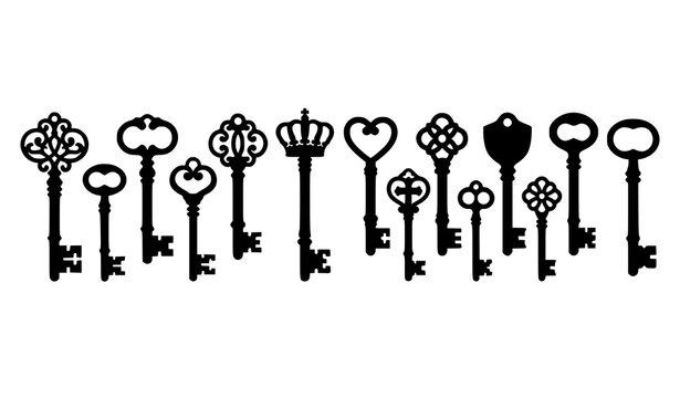 Black vintage door keys silhouette set with antique skeleton key icons vector illustration