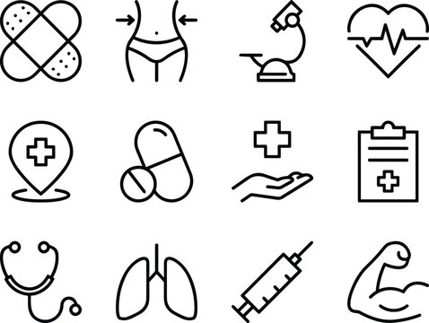 Medical health and fitness line icon set featuring bandage stethoscope lungs syringe microscope and clipboard vector