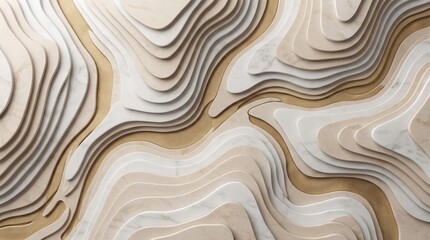 Fototapeta premium 3D abstract luxury background with layered beige marble waves and matte gold sand lines. Topography organic papercut style texture.