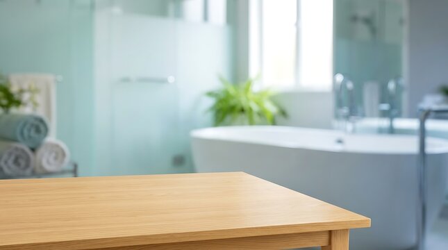 Empty wooden table top mockup with blurred modern bathroom background for product display spa and wellness presentation