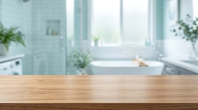 Wooden Tabletop Product Mockup Background with Blurred Modern Bathroom Interior for Presentation and Advertising.