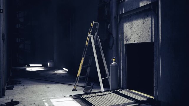Dark abandoned corridor with metal ladder, dramatic light shafts, scattered debris, peeling paint, industrial pipes and moody highcontrast shadows creating