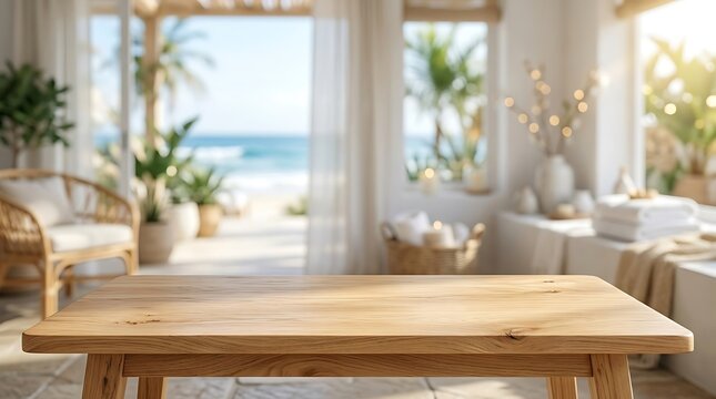 Empty Wooden Tabletop Backdrop with Blurred Tropical Beach Resort Villa Interior for Product Mockup Display Background.