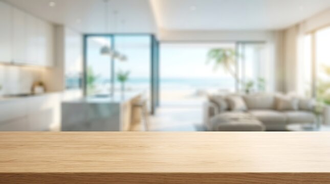 Empty wooden table top with blurred luxury beach house interior background for high quality product display design