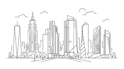Fototapeta premium Minimalist City Skyline Line Art Drawing of Modern Skyscrapers Vector Illustration