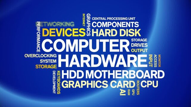 Computer Hardware animated word cloud-text design animation tag kinetic typography seamless loop.