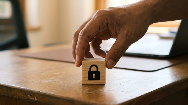 Hand holding wood lock cube