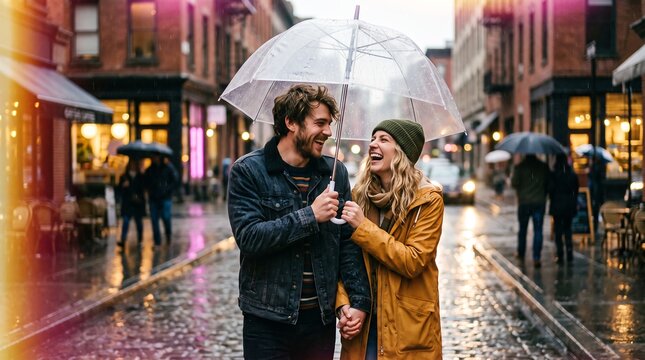 Happy young couple walking in rain holding hands and laughing under a clear umbrella on wet cobblestone city street with blurred lights