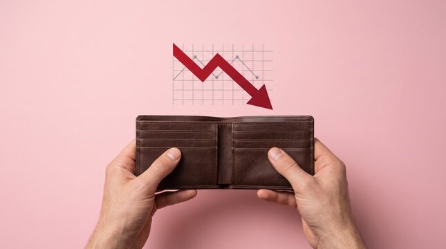 A person holds an empty wallet with a declining graph above it on a pink background.