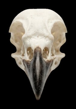 Bird skull resting on a clean white surface for detailed anatomical study and scientific research, biological research, museum collection modern technology business concept