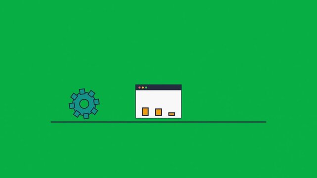 Animated flat vector business icons of a gear and web analytics chart appearing on a green screen chromakey background for video editing, 4K resolution.
