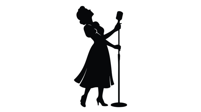 Vintage jazz singer silhouette, retro female vocalist with classic microphone vector, elegant woman performing music on stage illustration