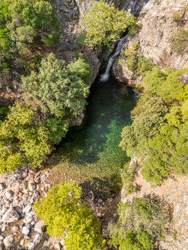 Aerial View of Fonias Waterfalls and Vathres on Mount Saos Samothraki