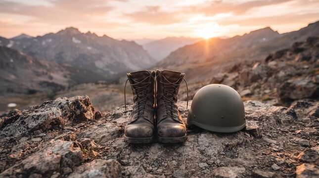 Military boots and helmet on rocky ground during sunset  