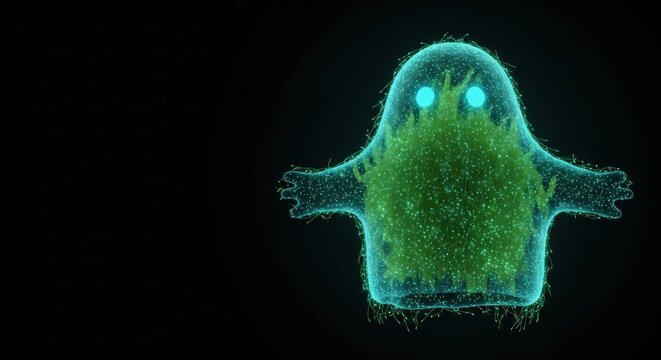 Microscopic Organism with Glowing Blue Eyes and Green Interior.