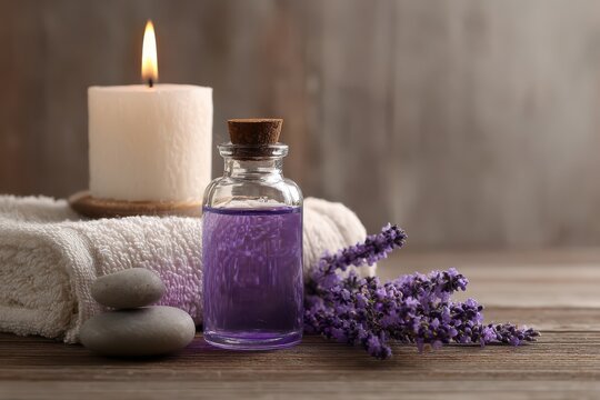 Lavender essential oil bottle with burning candle and towel for aromatherapy spa treatment lavender essential aromatherapy relaxation wellness treatment fragrance holistic serenity cosmetic
