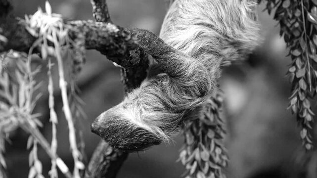 Adorable two toed sloth climbing a tree branch in slow motion