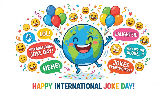 Happy International Joke Day smiling Earth character with balloons and emojis concept for humor and global fun isolated on white