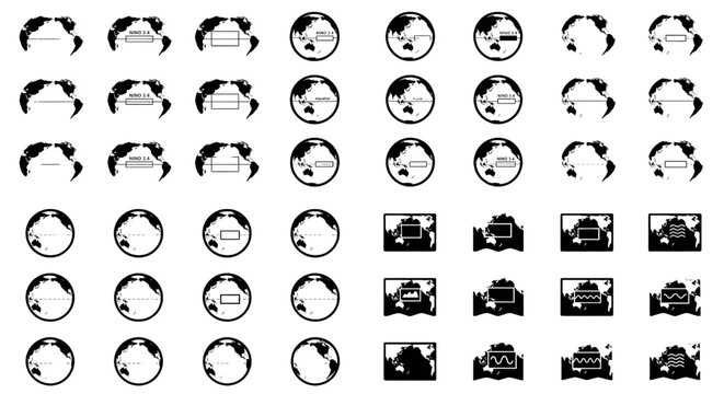 El Nino Region and Pacific Ocean Climate Map Icon Set,  Black silhouette icons of Earth globes focused on the Pacific Ocean, highlighting the equator and Nino 3.4 regions for climate monitoring.