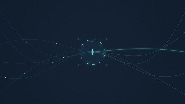 Abstract digital illustration of an AI decision flow showing glowing data lines converging into a central HUD target reticle on a dark blue background.