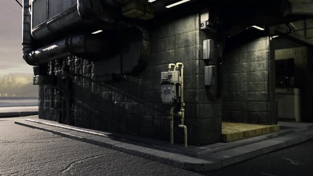 Desolate service alley layered with grime, peeling paint and exposed ductwork create abandoned atmosphere scattered sand and tire tracks suggest recent vehicle