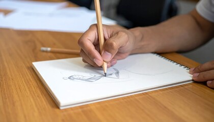 Naklejka premium Close-up of a hand sketching on a notepad with a pencil on a wooden surface