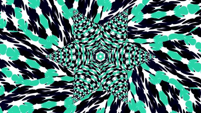 Seamless loopable 2D animation of rotating teal and navy geometric patterns transforming into hypnotic 3D spheres with star mosaic motifs on white.