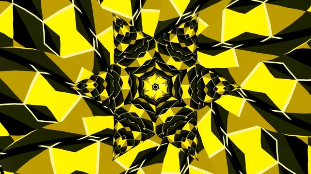 Seamless loopable 2D animation of rotating yellow and black geometric patterns transforming into hypnotic 3D spheres with abstract leaf motifs.