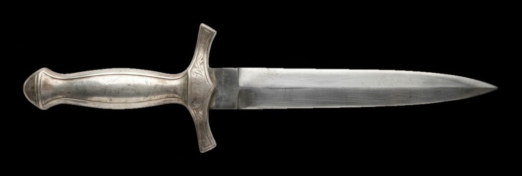 Ornate silver dagger displaying intricate metal engravings on its hilt while isolated on a clean , antique craftsmanship modern technology business concept