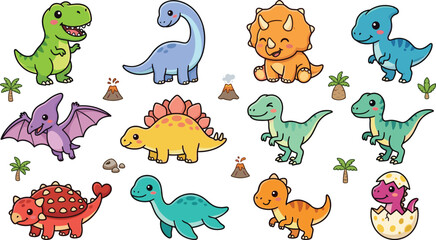 Cute Baby Dinosaur Vector Collection with Cartoon T Rex Triceratops Stegosaurus Brontosaurus Pterodactyl Velociraptor and Prehistoric Animal Characters © Md Julfikar