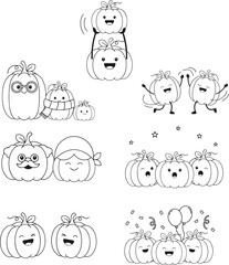 Obraz premium Collection of happy cartoon pumpkins with various expressions and accessories