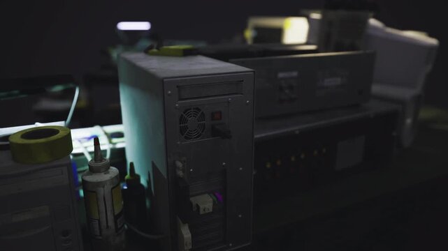 Server towers and diagnostic tools illuminated, test rigs, power meters, organized cabling, clinical lab feeling, methodical hardware evaluation.