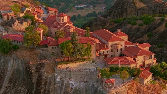 Aerial view of the Great Meteoron Monastery at Sunrise, Meteora, Greece