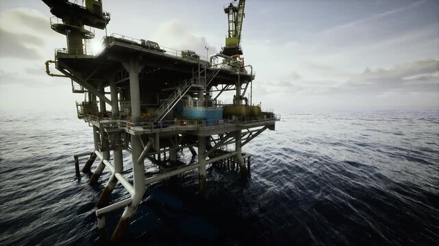 Oil rig platform under soft light, empty deck and visible piping evoke remote monitoring and digital operations, concept of digital twin and telemetry