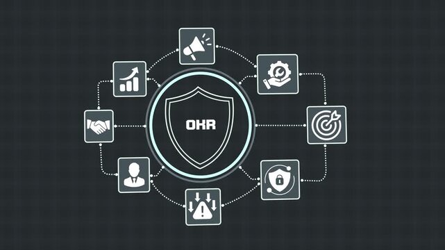 Strategic OKR objective management concept with shield icon, goal tracking, business planning, organizational alignment and enterprise performance optimization.