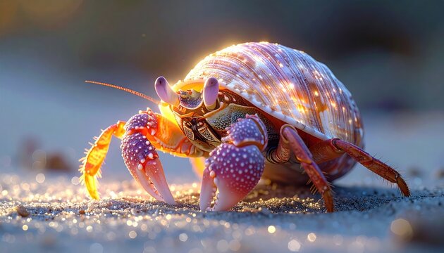A hermit crab with red claws and speckled shell walks along sunlit sand, close-up