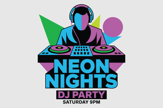 Neon nights dj party vector illustration with a dj wearing headphones behind a turntable console