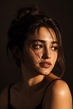 Young woman with light brown hair styled in a messy bun gazes thoughtfully to the side bathed in soft warm sunlight illuminating her facial features against a subtly textured dark backdrop