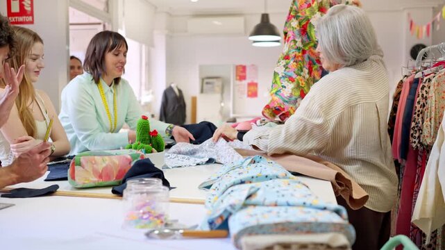 Senior fashion designer teaching sewing to students in a workshop
