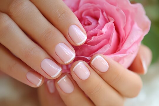 Close up of woman holding a delicate pink rose flower showing elegant manicure with manicure skincare feminine grooming fingernails wellness cosmetics treatments aesthetic delicate manicured